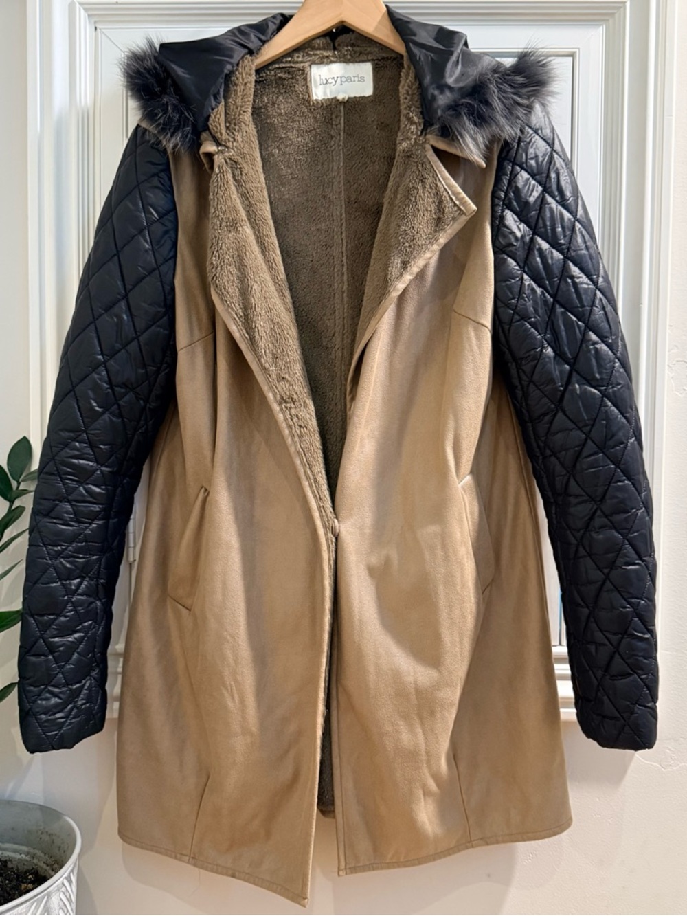 Lucy Paris Women's Two-Tone Faux Fur Lined Coat - Camel & Black - Size Large